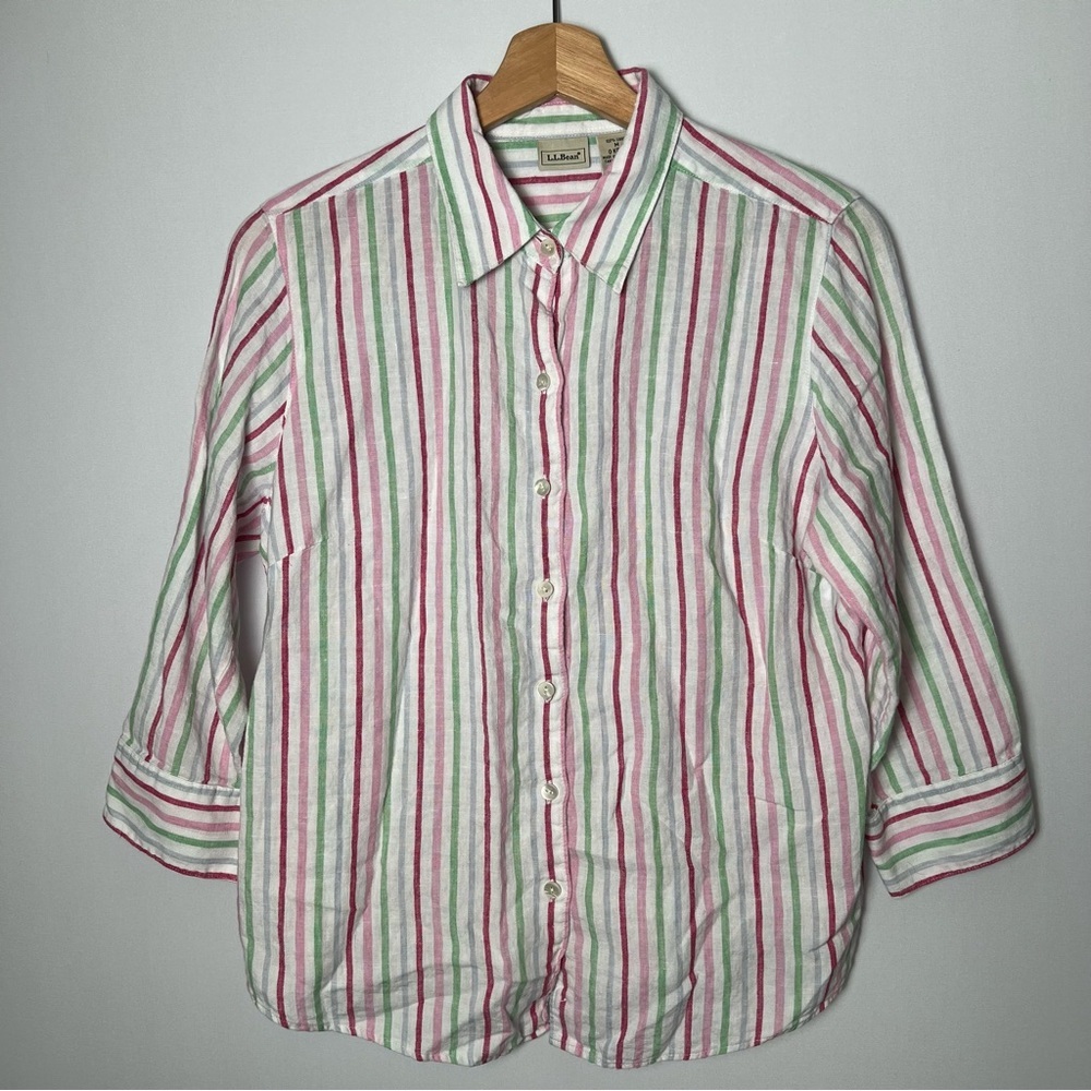 L.L Bean 100% Linen Multicolor Striped 3/4 Sleeve Button Down Shirt Coastal M